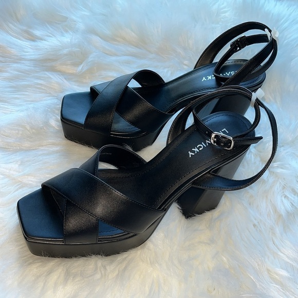 π Lisa Vicky Leather Strappy Platform Heel Sandals Black Size 8 - Picture 1 of 15